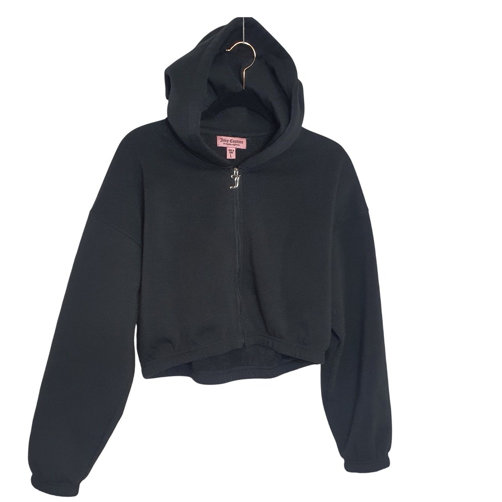 Juicy Couture Black Cropped Zip Up‎ Hoodie Large Rhinestone Logo Fleece Y2K